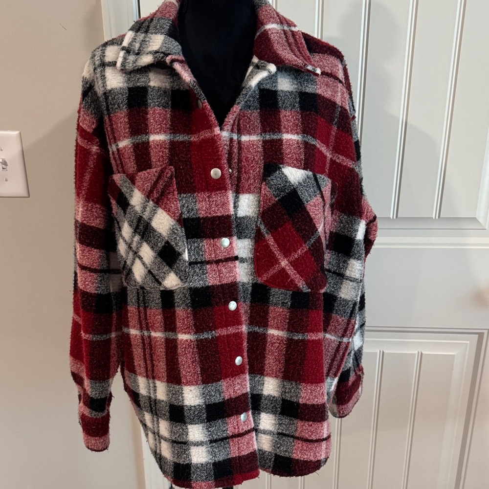 Zara Red, Black & White Teddy Plaid Shacket